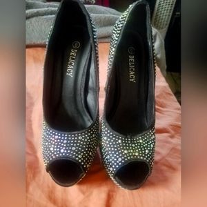 Delicacy open toe Black Platform Rhinestone high heels